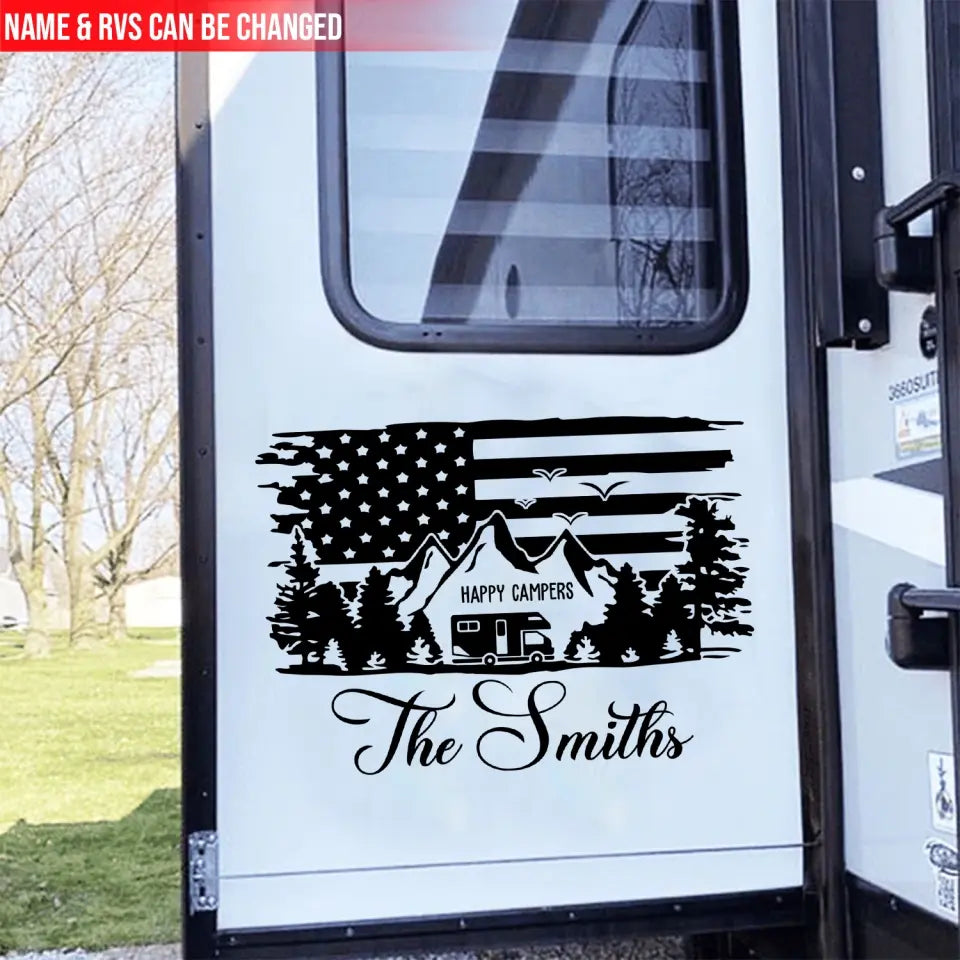 Flag Happy Camper - Personalized Decal, Camping Flag Decal, Gift For Camping Lovers