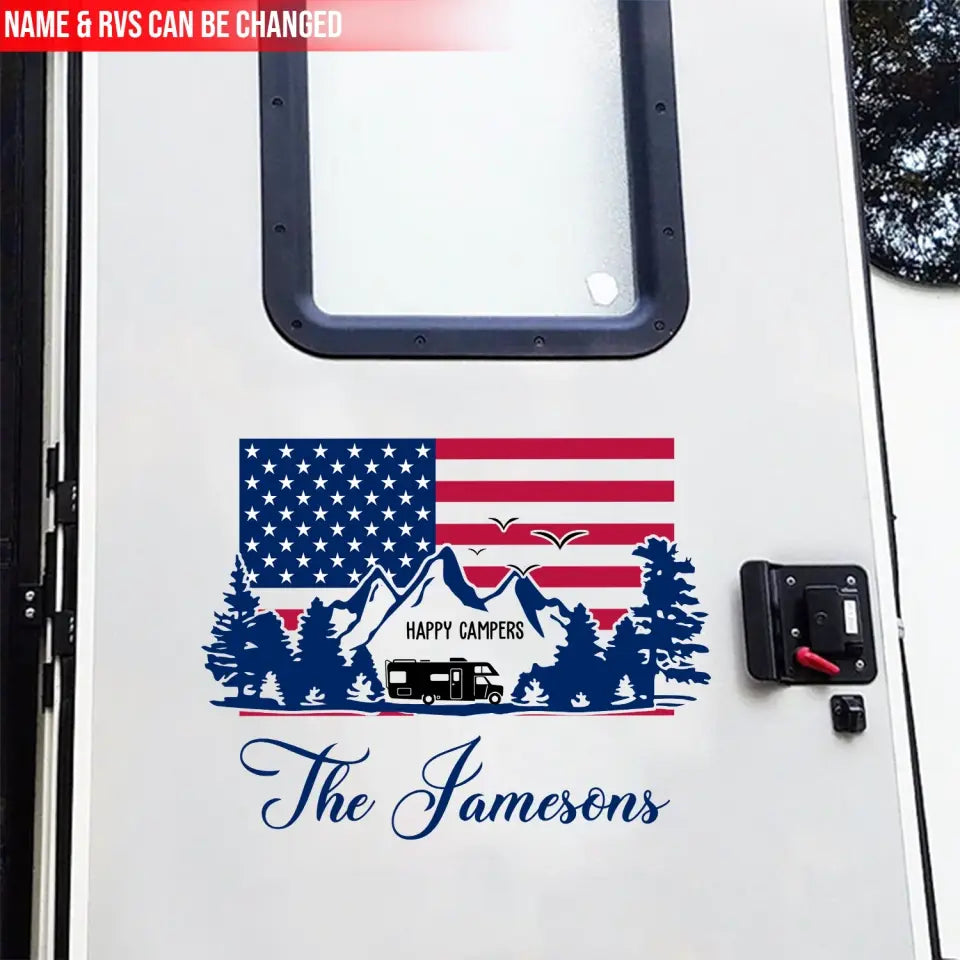 Flag Happy Camper - Personalized Decal, Camping Flag Decal, Gift For Camping Lovers