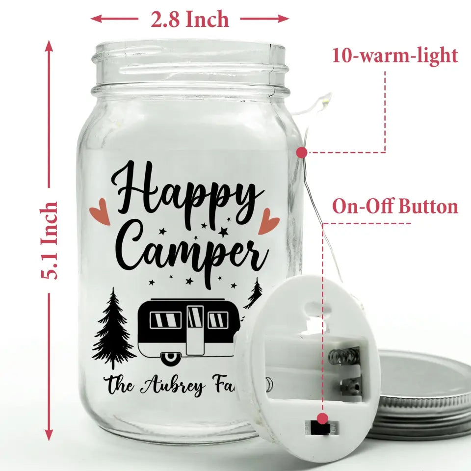 Happy Camper - Personalized Mason Jar Light, Gift For Camping Lover - MJL38