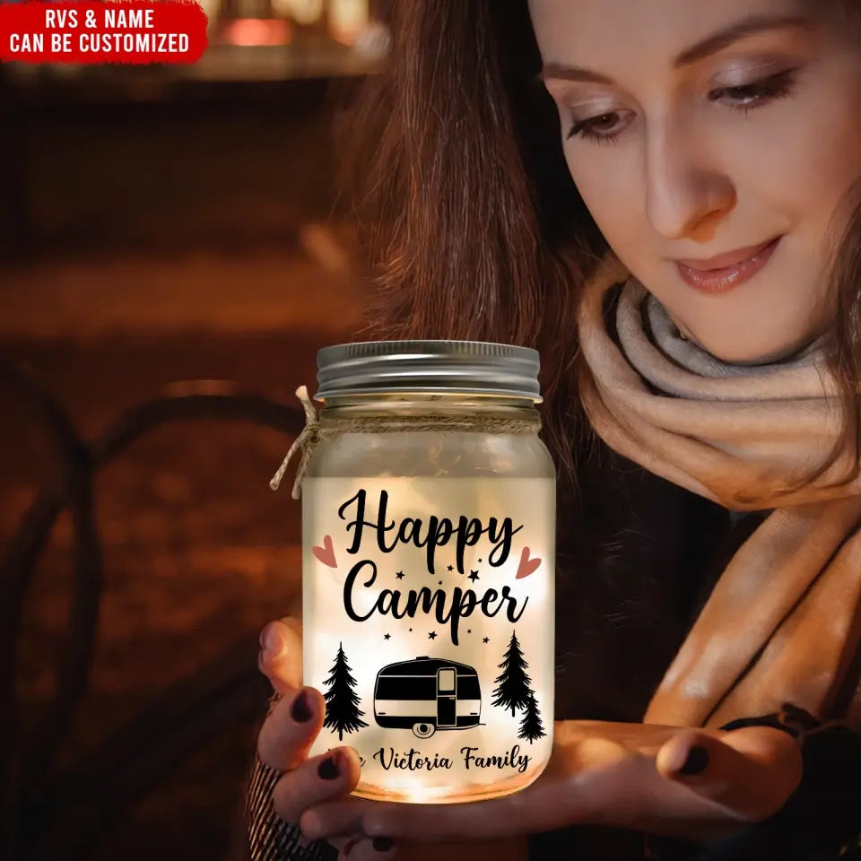 Happy Camper - Personalized Mason Jar Light, Gift For Camping Lover - MJL38
