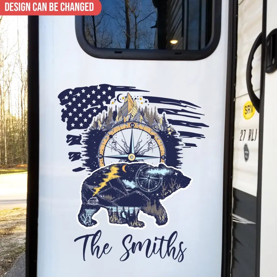 Camping Flag Bear And Mountains - Personalized Decal, Camping Gift For Camping Lovers - CF-PCD131