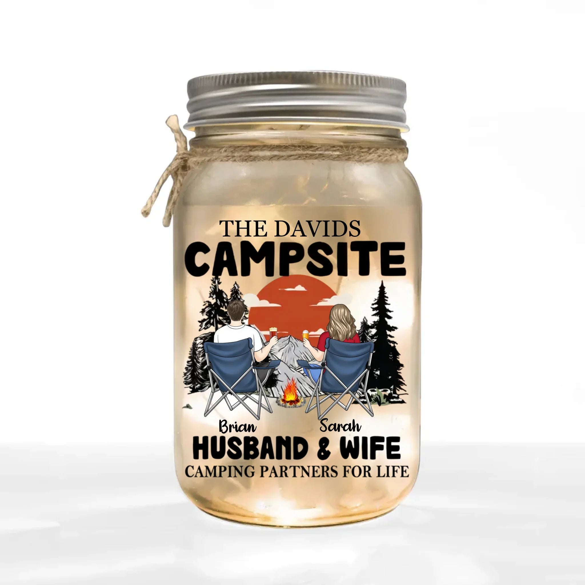 Camping Husband & Wife Camping Partners For Life - Personalized Mason Jar Light, Camping Gift For Couple
