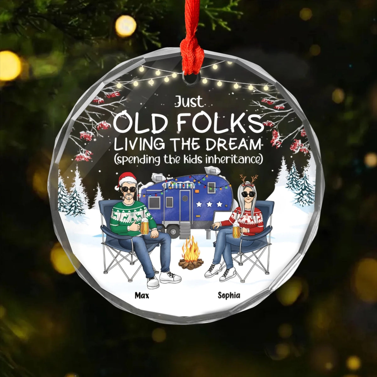 Just Old Folks Living The Dream - Personalized Glass Ornament, Funny Gift For Camping Lover