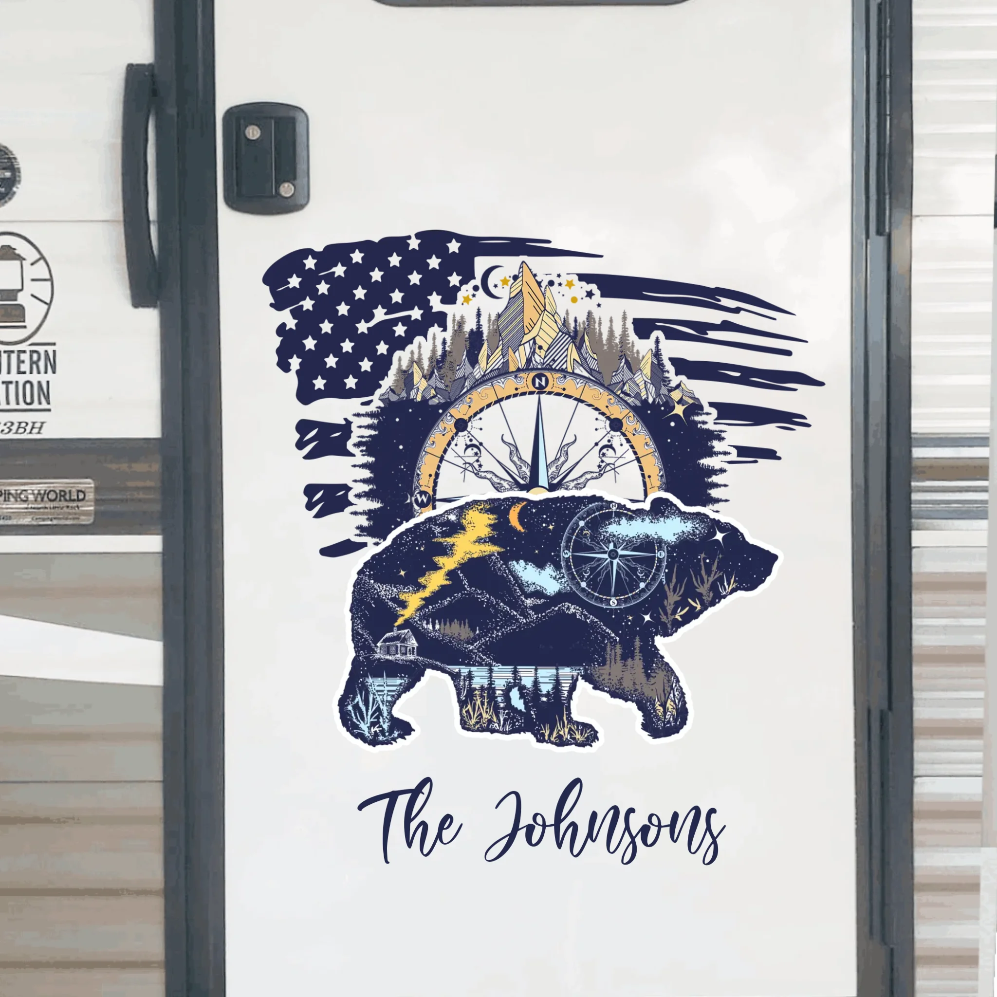 Camping Flag Bear And Mountains - Personalized Decal, Camping Gift For Camping Lovers - CF-PCD131