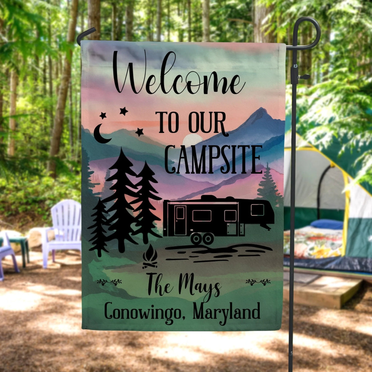 Our Happy Place - Personalized Garden Flag, Gift For Camping Lover, RVs Camping Gift